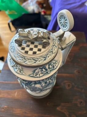 Avon White Racing Car Stein with Blue Markings